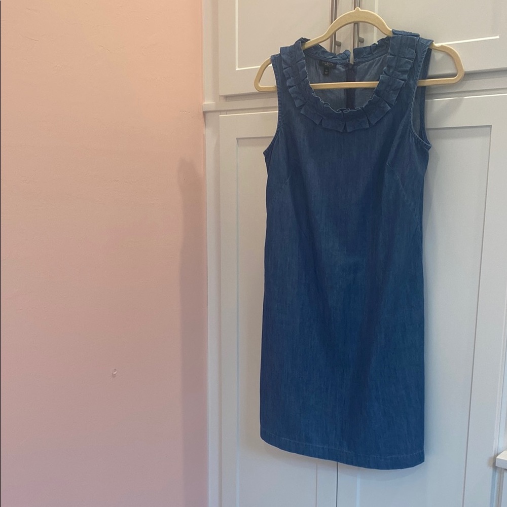 Talbots Blue Sleeveless Sheath Dress with Ruffle Neck